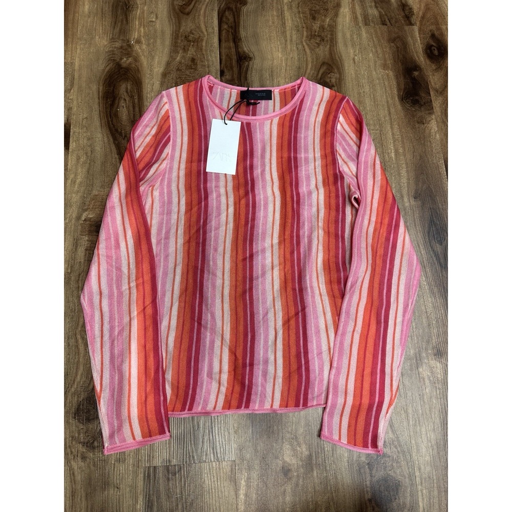 ZARA Pink Red Orange Striped Fine Knit Jumper Top Medium M NWT